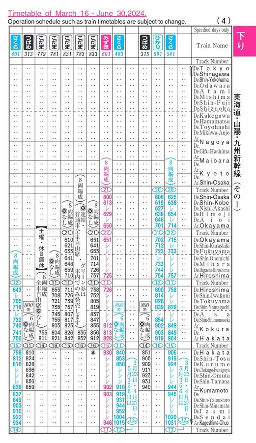 東海道・山陽・九州新幹線時刻表（2024年3月号）