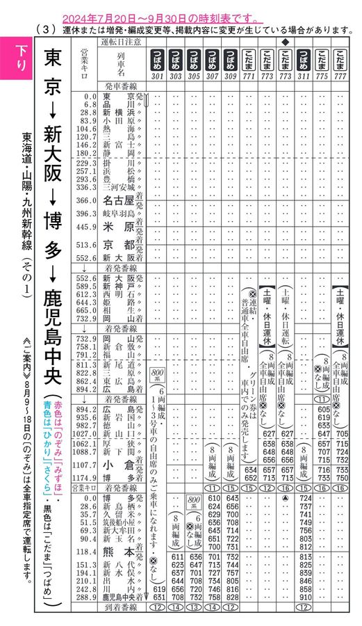 東海道・山陽・九州新幹線時刻表（2024年8月号）