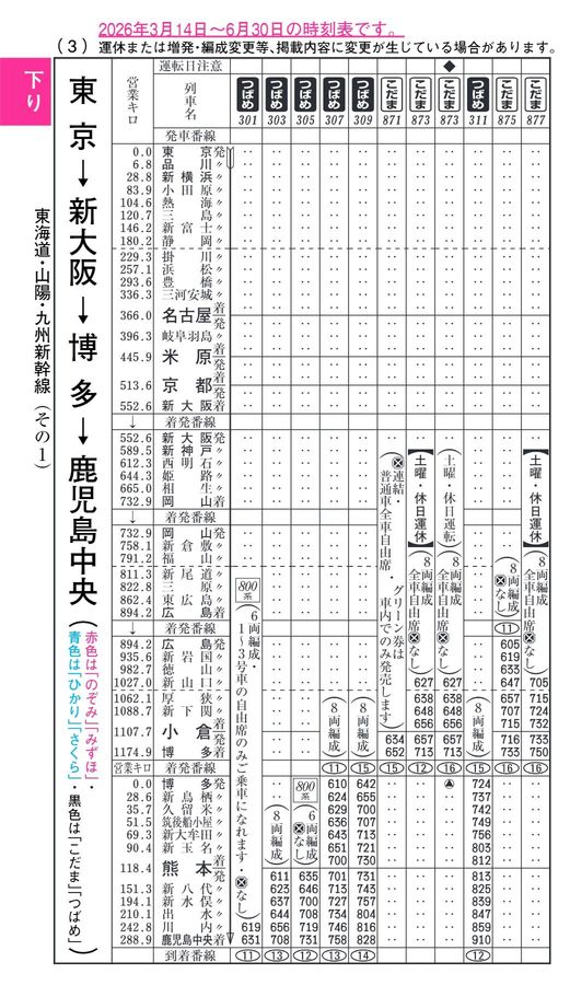 東海道・山陽・九州新幹線時刻表（2026年2月号・改正後）