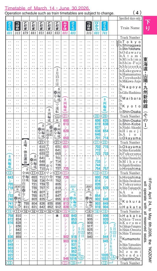 東海道・山陽・九州新幹線時刻表（2026年3月号）