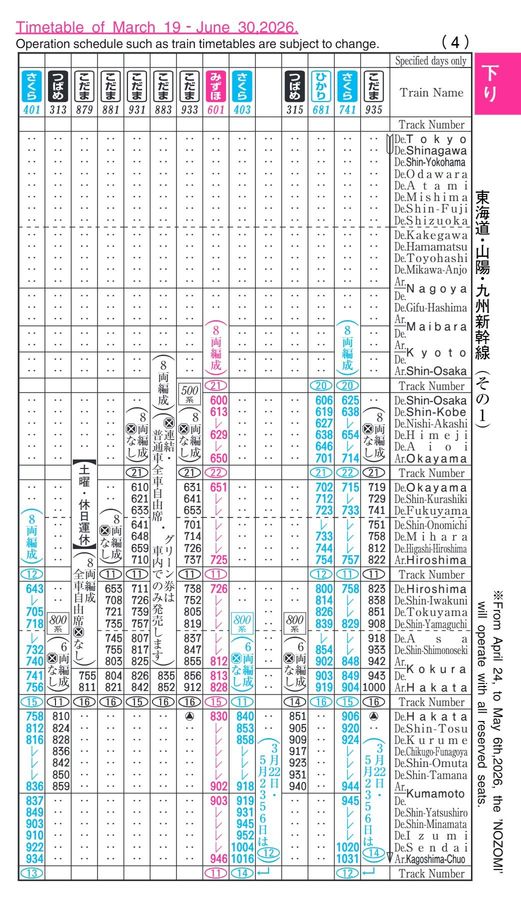 東海道・山陽・九州新幹線時刻表（2026年4月号）