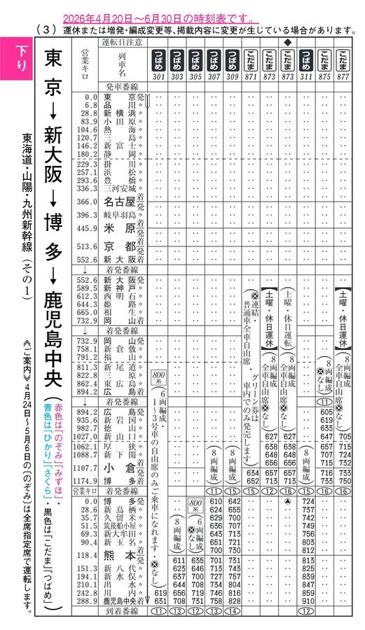 東海道・山陽・九州新幹線時刻表（2026年5月号）