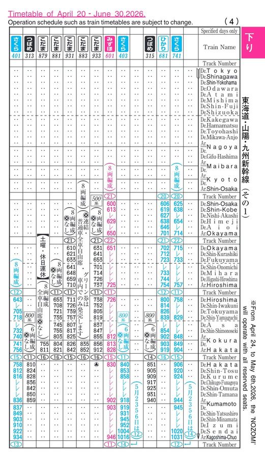 東海道・山陽・九州新幹線時刻表（2026年5月号）