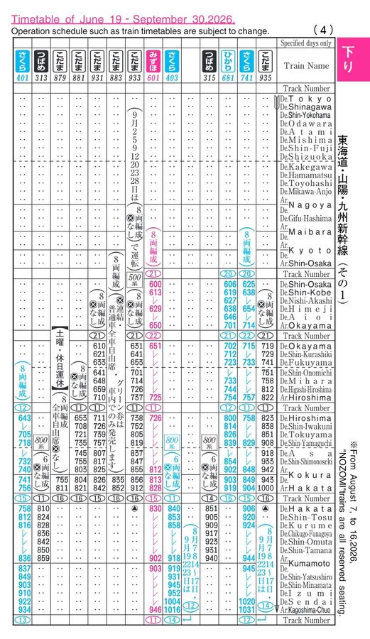 東海道・山陽・九州新幹線時刻表（2026年7月号）