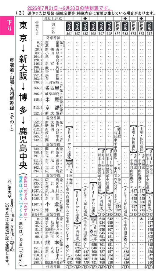 東海道・山陽・九州新幹線時刻表（2026年8月号・災害対応0807）