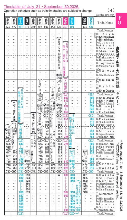 東海道・山陽・九州新幹線時刻表（2026年8月号・災害対応0807）
