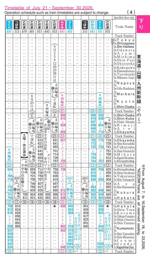 東海道・山陽・九州新幹線時刻表（2026年8月号）