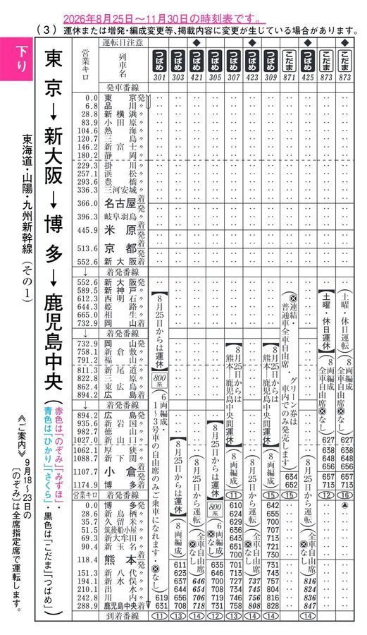 東海道・山陽・九州新幹線時刻表（2026年9月号・月次）