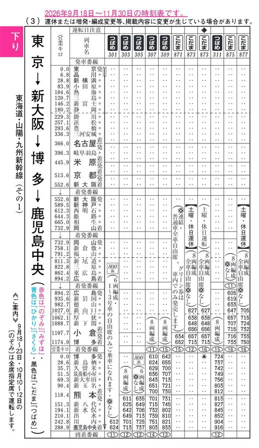 東海道・山陽・九州新幹線時刻表（2026年10月号・月次）